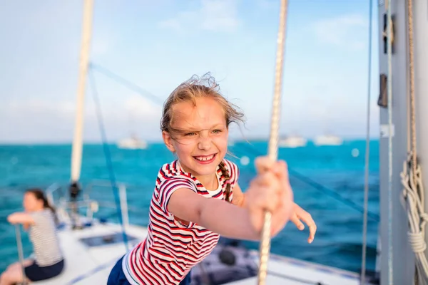 Adorable Little Girl Enjoying Sailing Luxury Catamaran Yacht — Stock Photo, Image