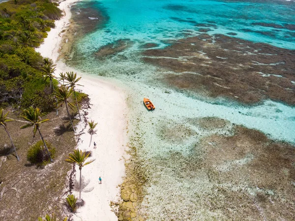 空中无人机鸟瞰的热带岛屿 蓝松石加勒比海的多巴哥珊瑚礁 和一个家庭与孩子在圣文森特和格林纳丁斯 — 图库照片