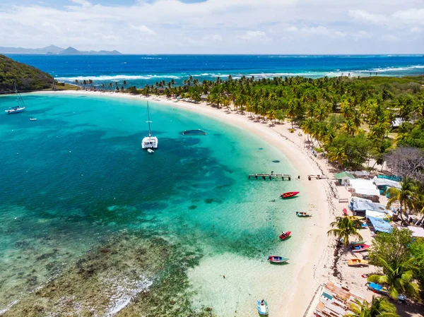 Vista Aérea Drone Ilha Tropical Mayreau Mar Azul Turquesa Das — Fotografia de Stock
