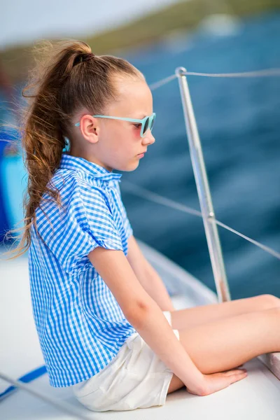 Adorable Little Girl Enjoying Sailing Luxury Catamaran Yacht — Stock Photo, Image