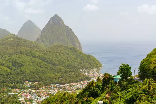 Iconic View Piton Mountains Small Town Soufriere Lucia Island Caribbean — Stock Photo, Image