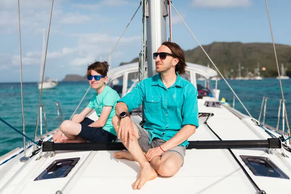 Father His Teenager Son Board Sailing Yacht Having Summer Travel — Stock Photo, Image