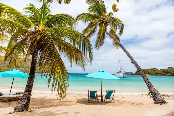 Idyllischer Tropischer Strand Mit Weißem Sand Palmen Und Türkisfarbenem Karibischem — Stockfoto
