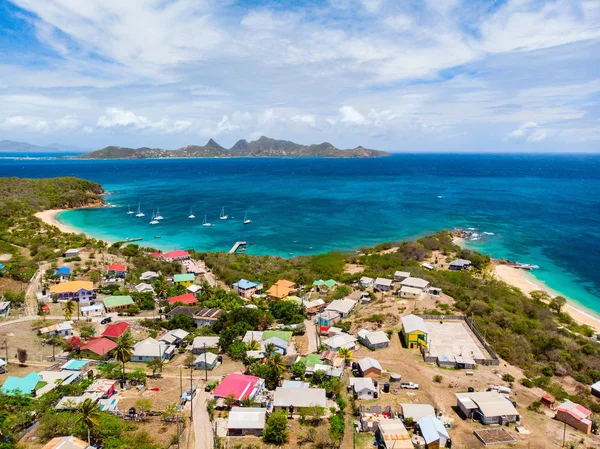 Vista Aérea Del Dron Isla Tropical Mayreau Mar Caribe Turquesa —  Fotos de Stock