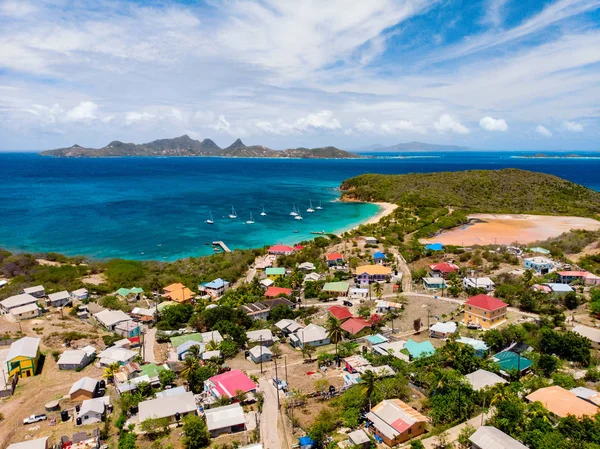 Vue Aérienne Par Drone Île Tropicale Mayreau Mer Turquoise Des — Photo