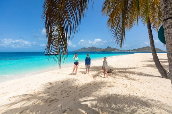 Mother Kids Enjoying Tropical Beach Vacation Exotic Island Vincent Grenadines — Stock Photo, Image