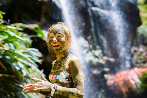 Portrait Cute Little Girl Covered Mud Front Beautiful Waterfall Traditional — Stock Photo, Image