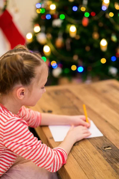 Adorable Little Girl Writing Letter Santa Home Beautifully Decorated Christmas — Stock Photo, Image