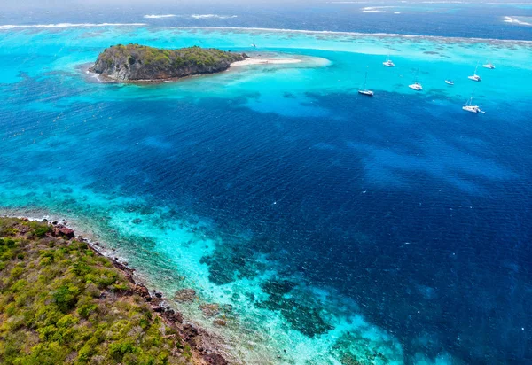 Letecká Dron Pohled Tropických Ostrovů Tyrkysové Karibské Moře Tobago Cays — Stock fotografie