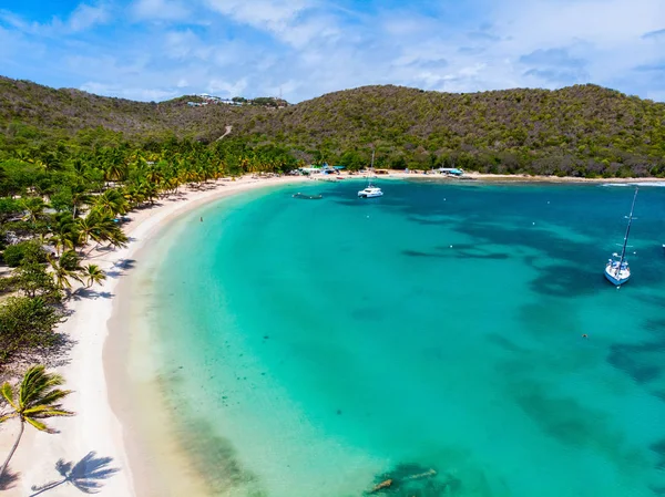 Veduta Aerea Drone Dell Isola Tropicale Mayreau Del Mare Turchese — Foto Stock