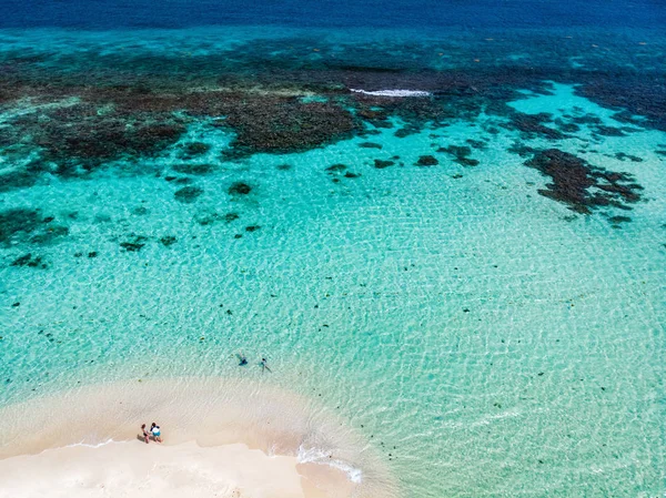 Vue Aérienne Minuscule Banc Sable Tropical Mopion Mer Turquoise Des — Photo