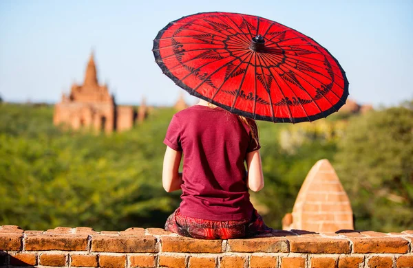 Antik Tapınak Bagan Myanmar Üzerinde Çatı Manzarayı Geleneksel Birmanya Şemsiye — Stok fotoğraf