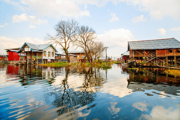 Traditional floating village on Inle lake in Myanmar