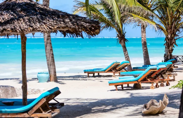 Strandbedden Tussen Palmbomen Bij Perfecte Witte Zand Tropische Kust — Stockfoto