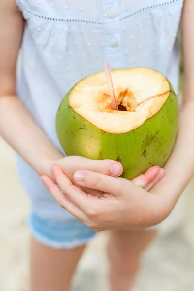 Close Little Girl Holding Coconut Tropical Beach — Stock Photo, Image