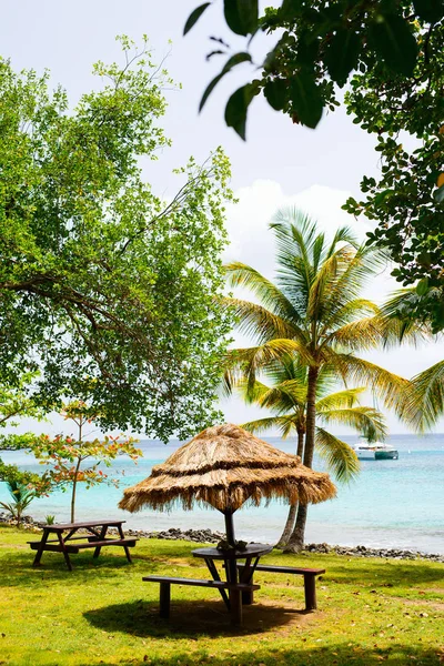 Închideți Umprellas Plaja Tropicală Din Insula Mustique Din Caraibe Grenadine — Fotografie, imagine de stoc