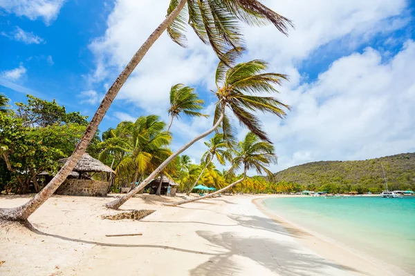 Praia Tropical Idílica Com Areia Branca Palmeiras Água Azul Turquesa — Fotografia de Stock