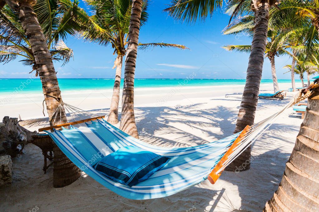 Perfect tropical beach with palm trees and hammock in Kenya Africa