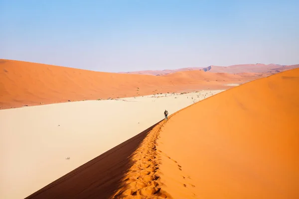 Высокий Угол Обзора Человека Поднимающегося Знаменитую Красную Песчаную Дюну Большой — стоковое фото