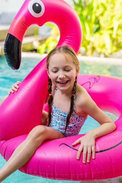 Adorable Little Girl Swimming Pool Inflatable Ring Having Fun Summer — Stock Photo, Image