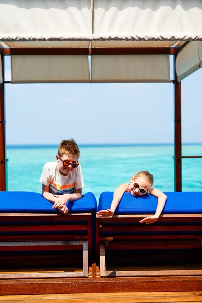 Kids Enjoying Tropical Summer Vacation Relaxing Overwater Villa Luxury Resport — Stock Photo, Image