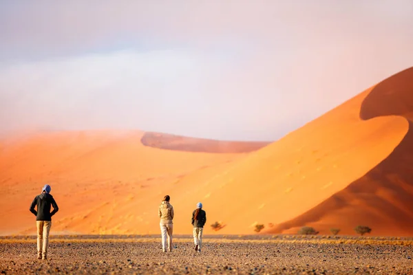Vista Posteriore Madre Figli Che Camminano Verso Dune Sabbia Rossa — Foto Stock
