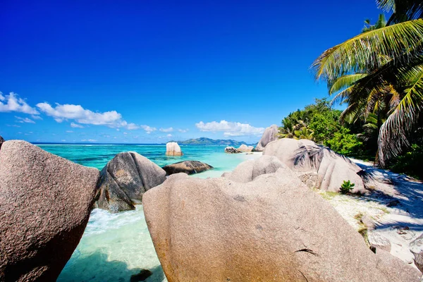 Anse Pitoresca Fonte Argent Praia Tropical Digue Ilha Seychelles — Fotografia de Stock