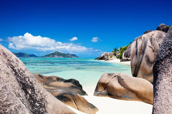 Anse Pitoresca Fonte Argent Praia Tropical Digue Ilha Seychelles — Fotografia de Stock