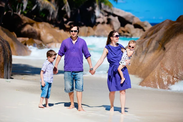 Happy Young Family Two Little Kids Walking Tropical Beach — Stock Photo, Image