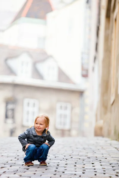 Portrait Adorable Little Girl Outdoors City Autumn Day — Stock Photo, Image