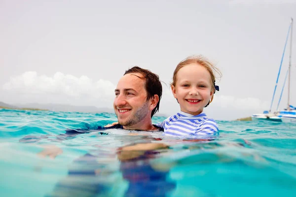 Father His Adorable Little Daughter Swimming Sea Enjoying Tropical Beach — Stock Photo, Image