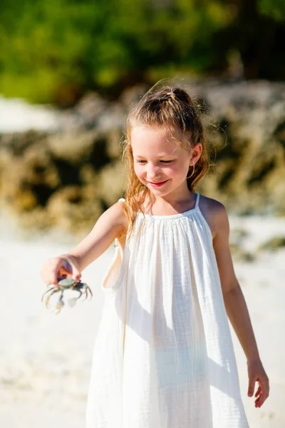 Αξιολάτρευτο Κοριτσάκι Που Κρατά Καβούρι Στην Παραλία Κατά Διάρκεια Των — Φωτογραφία Αρχείου