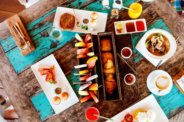 Top View Delicious Organic Food Served Breakfast Rustic Wooden Table — Stock Photo, Image