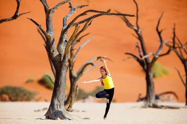 กสาวท ามกลางต นไม ตายแล อมรอบด วยห บเขาส แดงใน Deadvlei ในนาม — ภาพถ่ายสต็อก