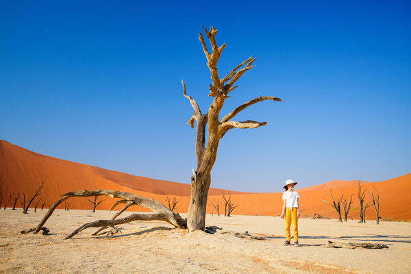Adorable young girl among dead camelthorn trees surrounded by red dunes in Deadvlei in Namibia