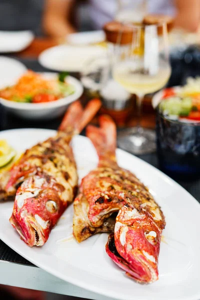 Närbild Läcker Grillad Fisk Serveras Till Lunch Med Vitt Vin — Stockfoto