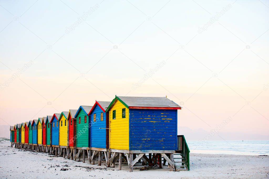 Famous colorful huts of Muizenberg beach near Cape Town in South Africa