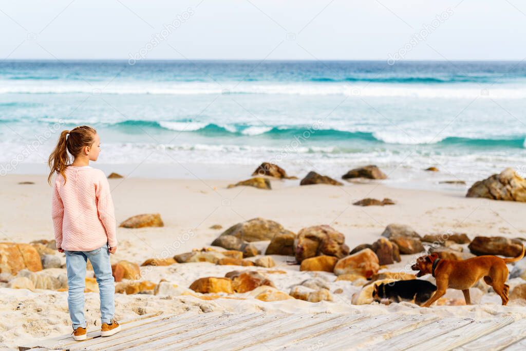 Back view of adorable little girl enjoying landscape of a beautiful Llandudno beach in Cape Town