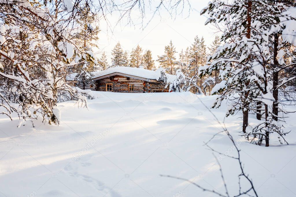 Beautiful winter landscape with wooden hut and snow covered trees in Finnish Lapland forest