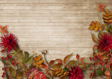 ahşap grunge sonbahar yaprakları ve çiçekleri güzel bir sınır arka plan. Fotoğraf ve metin için yer