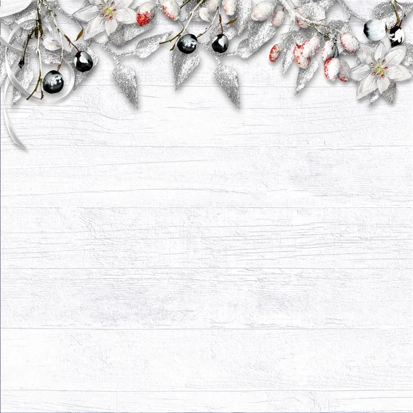 Χριστούγεννα Στα Σύνορα Χιονισμένα Μούρα Λευκό Φόντο Ξύλινη — Φωτογραφία Αρχείου