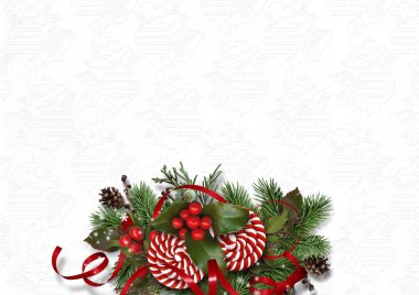 Firtree ve holly beyaz kenarlıklı Noel arka plan