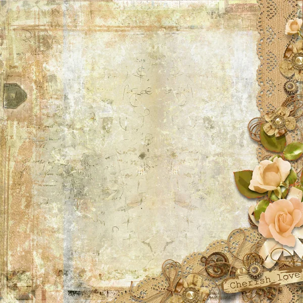 Grunge card on shabby background with roses — Stock Photo, Image