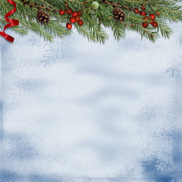 Christmas background with a border of fir branches, holly and co — Stock Photo, Image