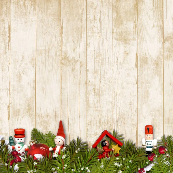 Frontera de juguetes de Navidad sobre fondo de madera vintage. vacaciones b — Foto de Stock