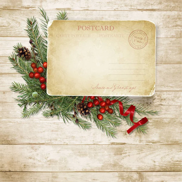 Christmas vintage card on wooden board with wreath with holly an — Stock Photo, Image