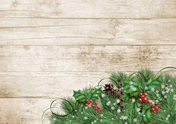 Christmas background with border with holly and branches on wood — Stock Photo, Image