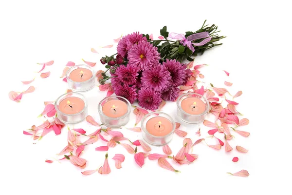 Petali Rosa Candele Rosa Fiamme — Foto Stock