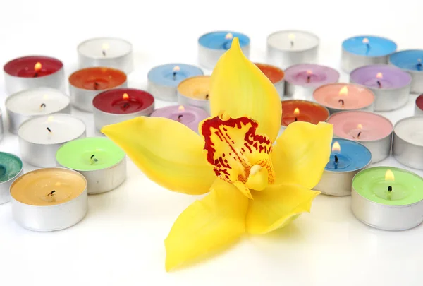 Yellow Orchid Burning Candles — Stock Photo, Image