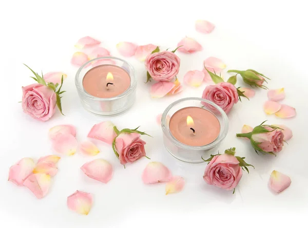Pink Roses Burning Candles — Stock Photo, Image